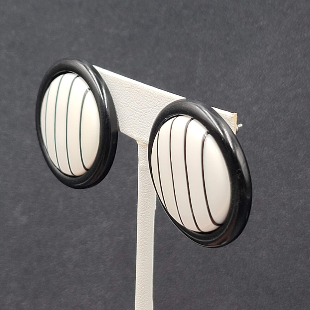 Vintage Pierced Earrings Black White Striped Round Drop 1.25"