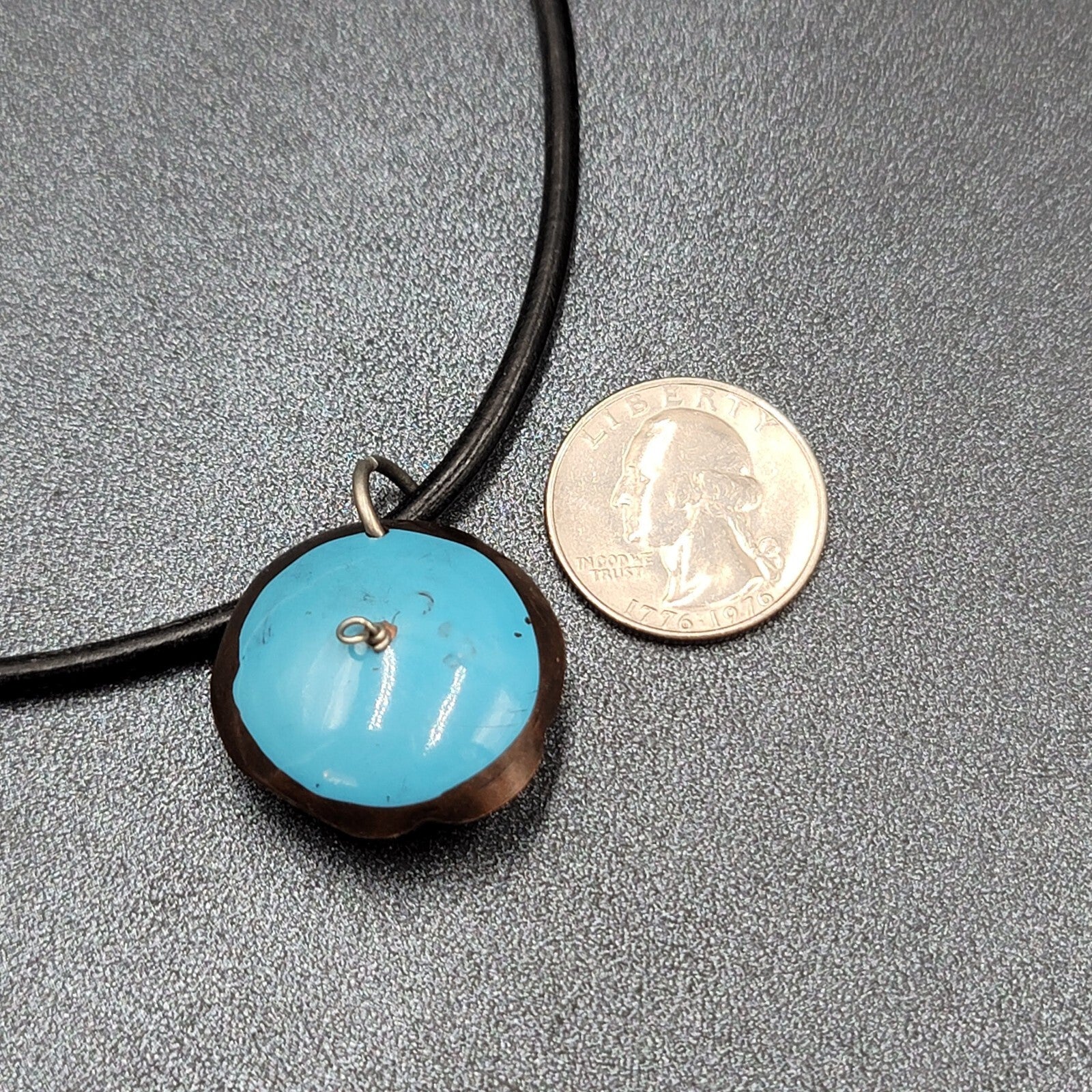 Artisan Birds Nest Necklace Leather Cord Blue Enamel Black Pearl 16"