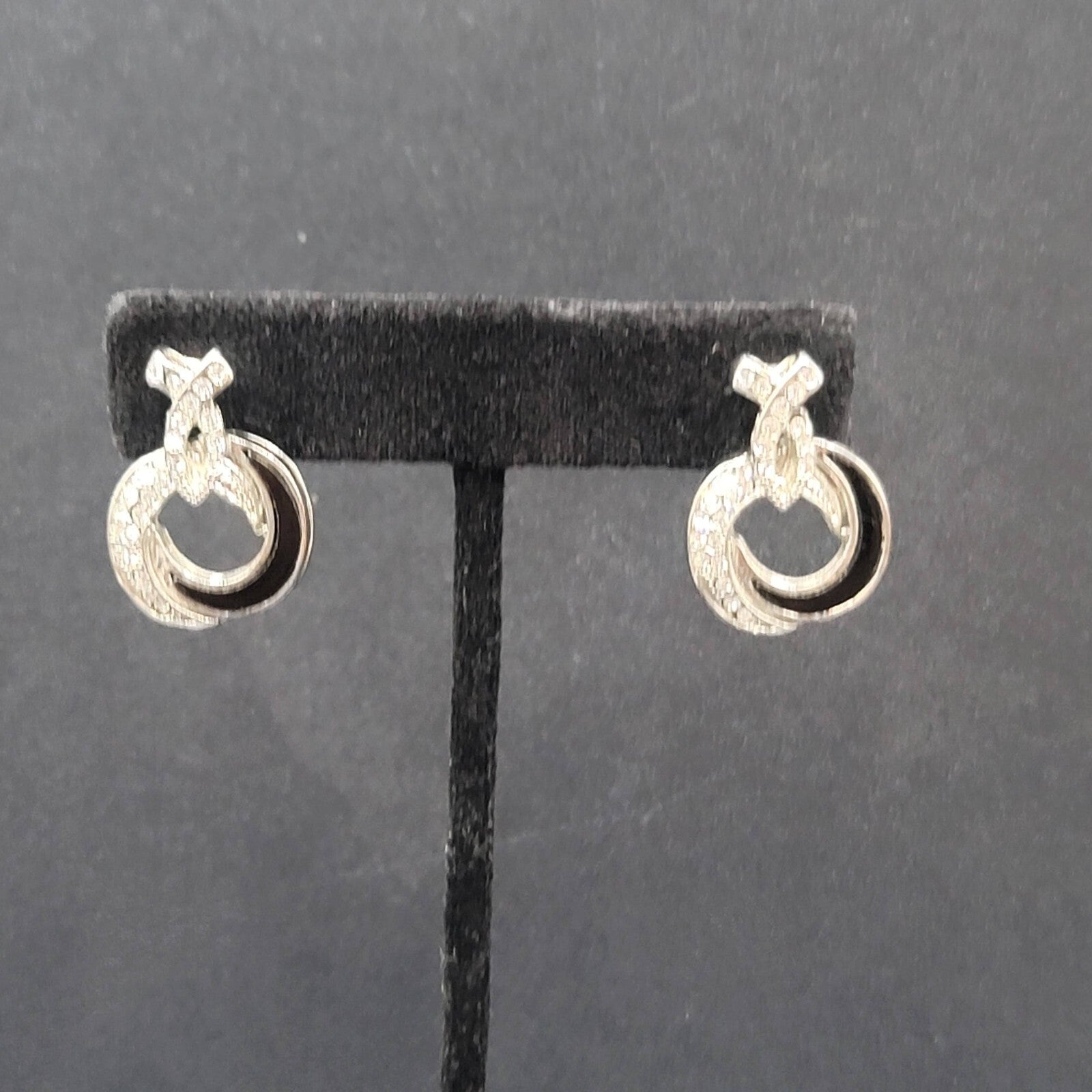 Pierced Earrings Silver tone Black Enamel Rhinestone Drop 1"