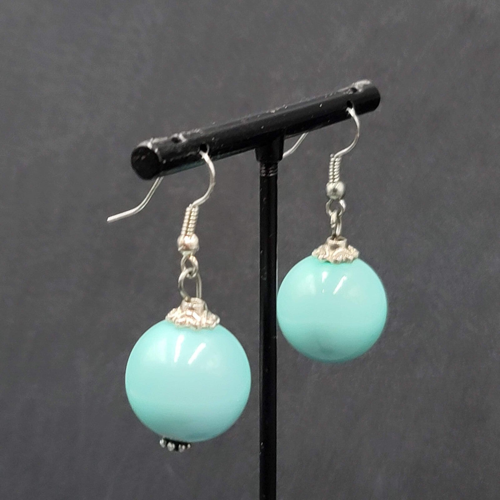 Pierced Earrings Silver tone Baby Blue Round Bead Dangle 1"