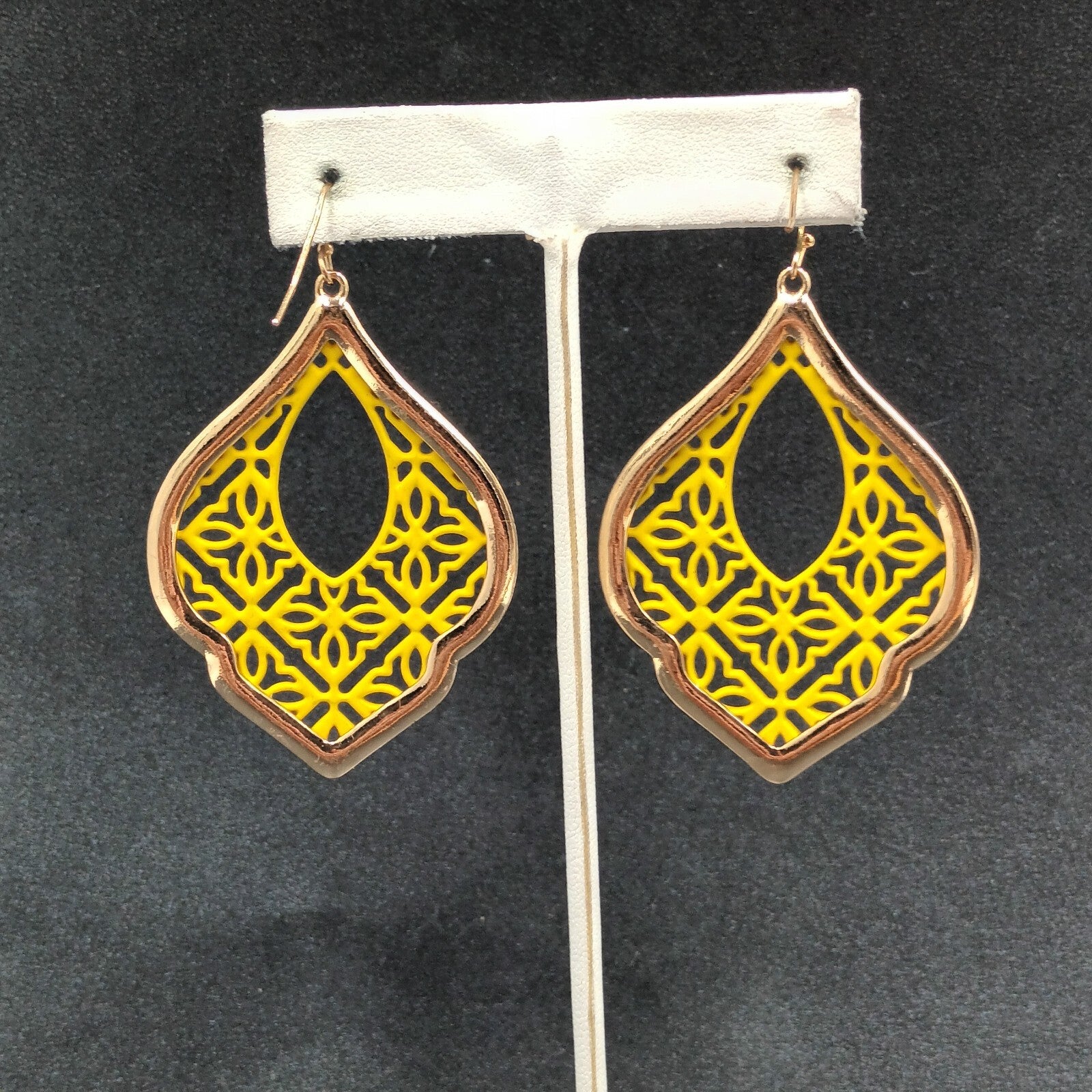Pierced Earrings Gold tone Yellow Open work Statement Dangle 2 3/8"