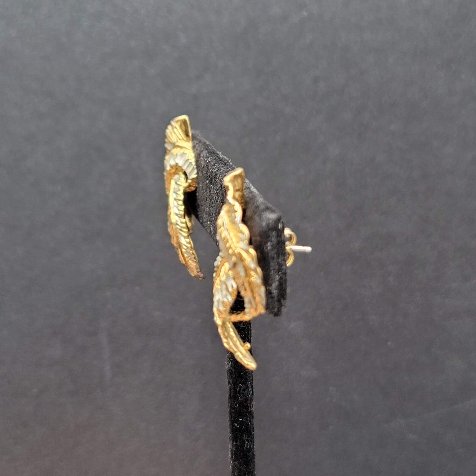 Sterling Silver Pierced Earrings 925 Gold Vermeil 2 Toned Drop Feather  1.25"