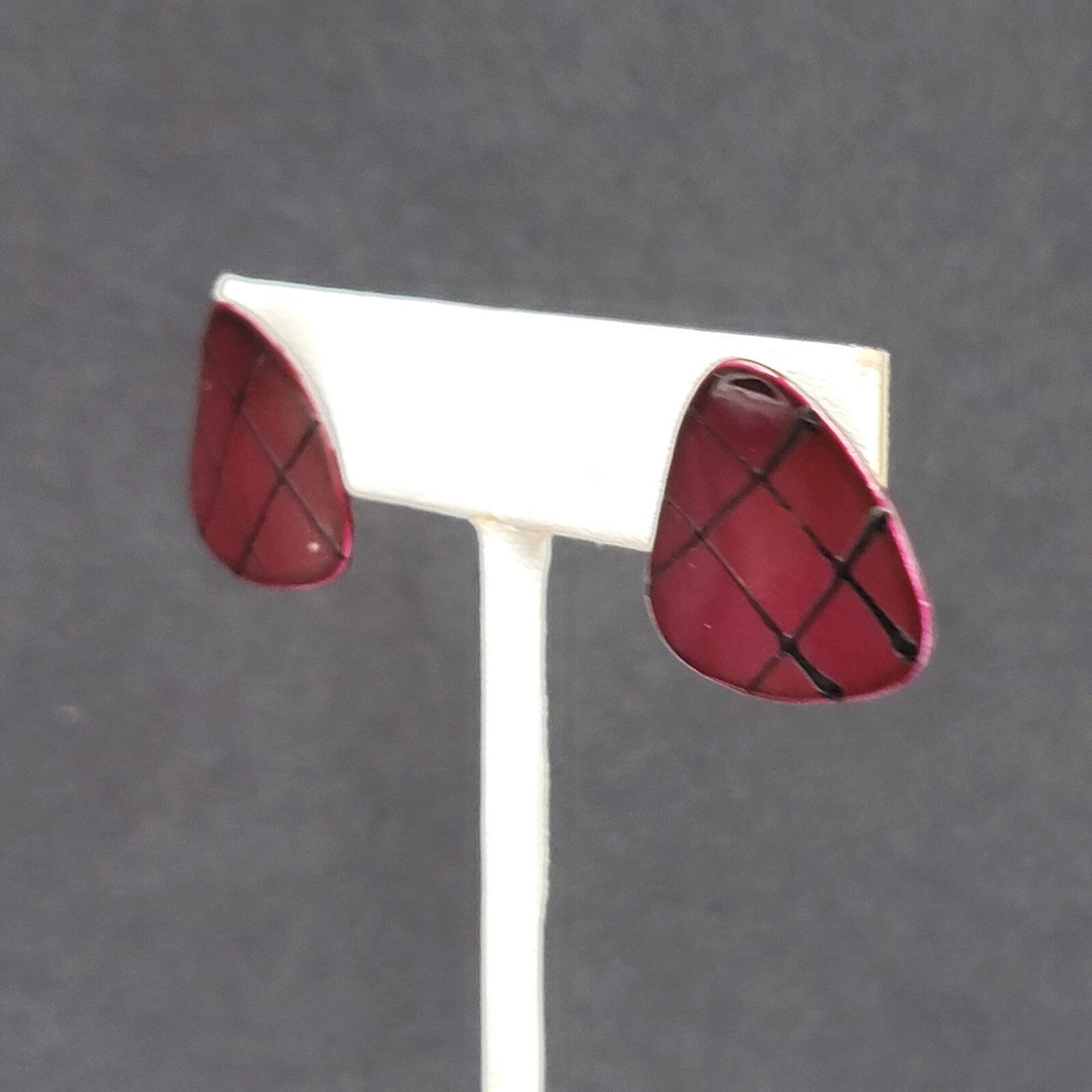 Vintage Pierced Earrings Burgundy Red Black Enamel over Metal Triangle Drop 3/4"