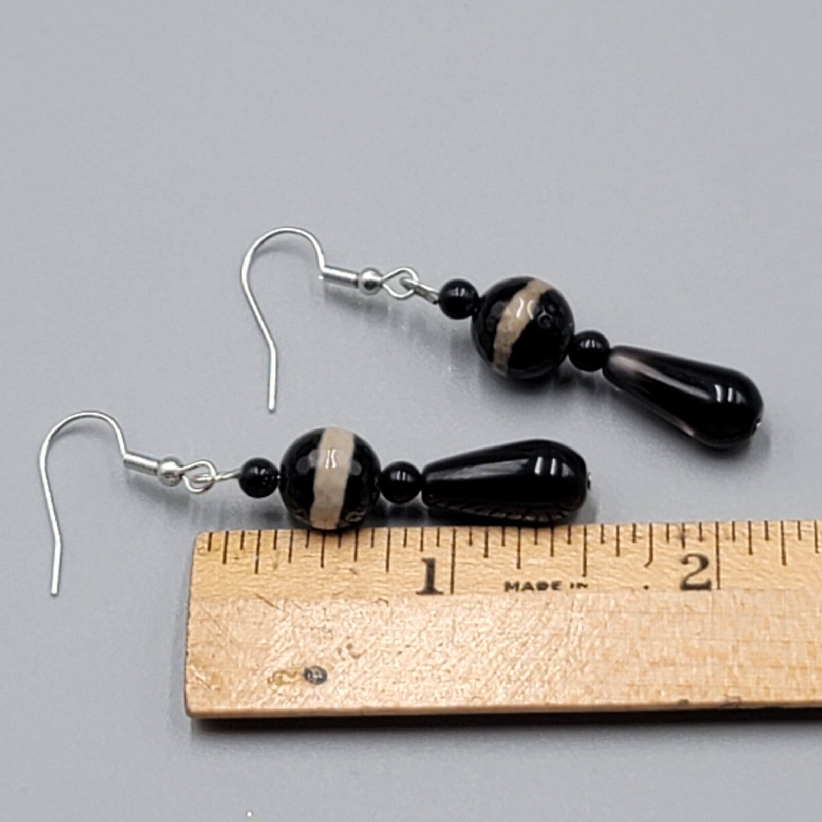 Pierced Earrings Silver tone Black Brown Art Glass Bead Dangle 1.5"