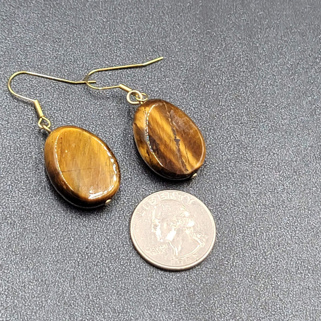 Pierced Earrings Gold tone Tigers Eye Teardrop Dangle 1 1/8"