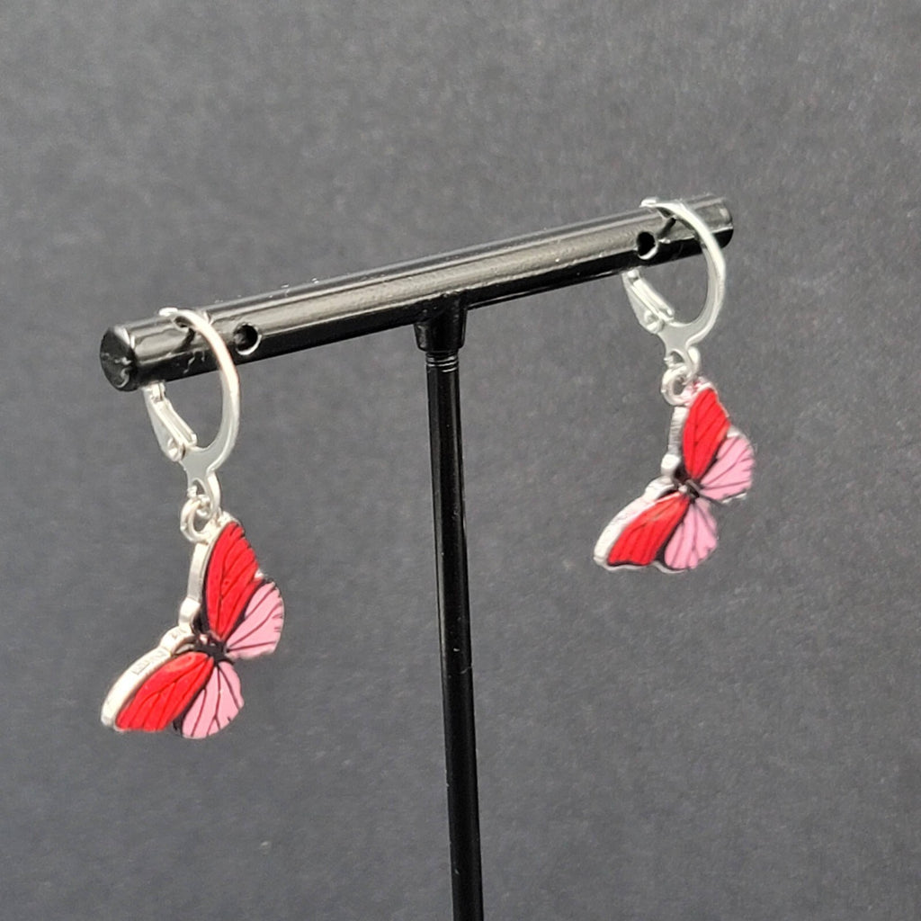 Pierced Earrings Silver tone Pink Butterfly Dangle 3/4"