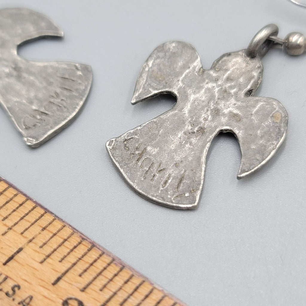 Vintage Angel Heart Pierced Earrings Pewter Silver tone Dangle  1.25 in