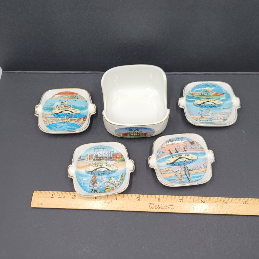 Vtg Marineland Ceramic Souvenir Ashtray Set w Holder