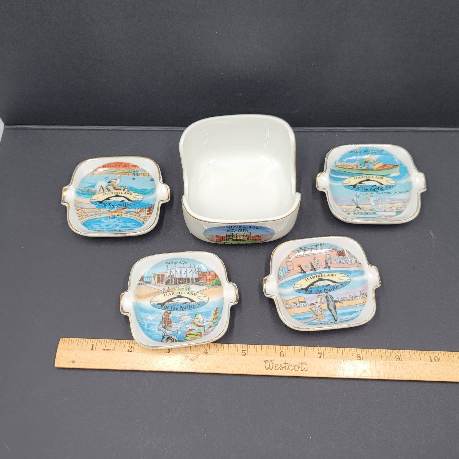 Vtg Marineland Ceramic Souvenir Ashtray Set w Holder