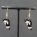 Kitty Cat Pierced Earrings Gold tone Black White Tuxedo Kitten Hanging Dangle 1"