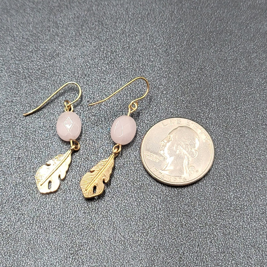 Pierced Earrings Gold tone Pink Quartz Metal Feather Dangle 1 3/8"