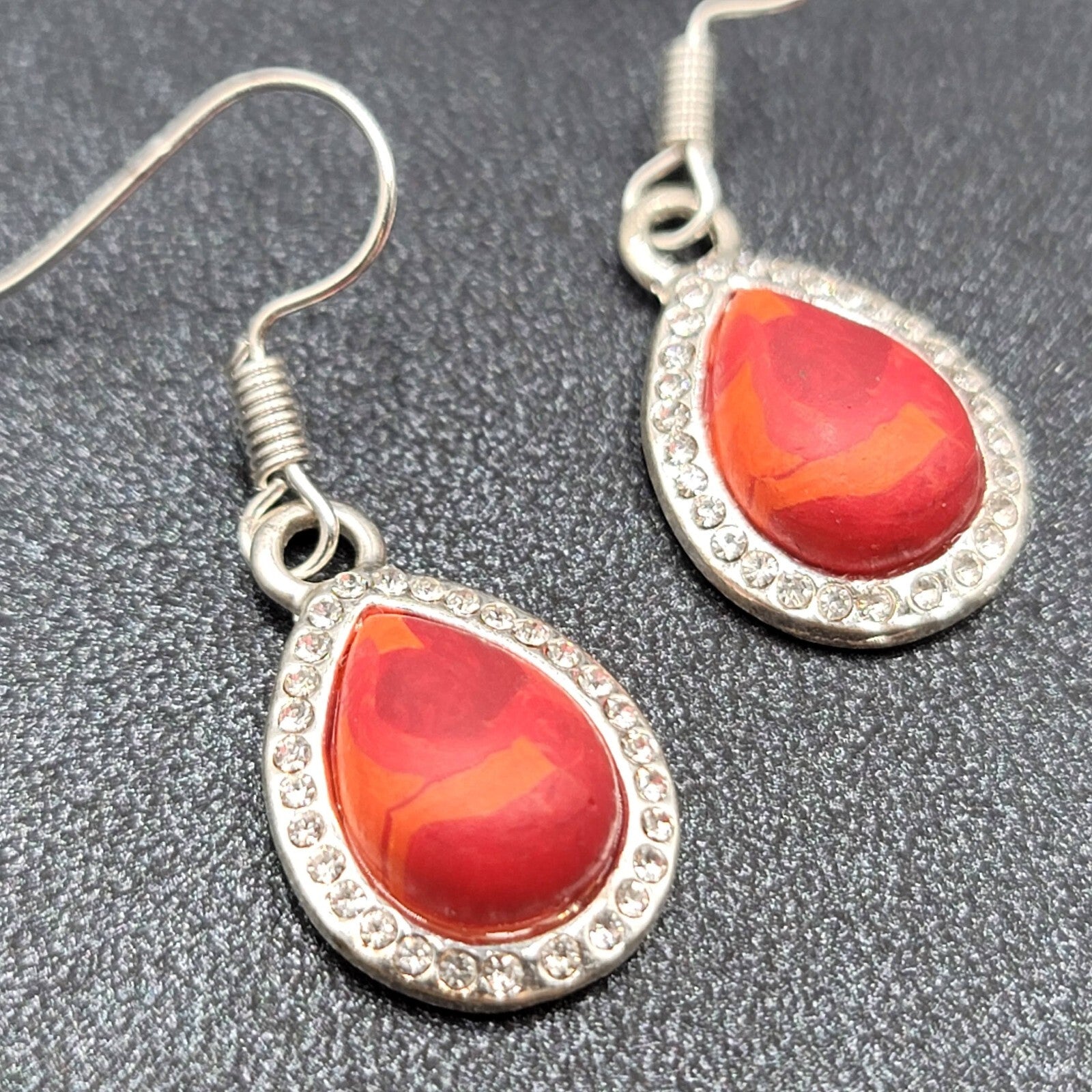 Pierced Earrings Silver tone Red Orange Polymer Clay Teardrop Rhinestone 3/4"