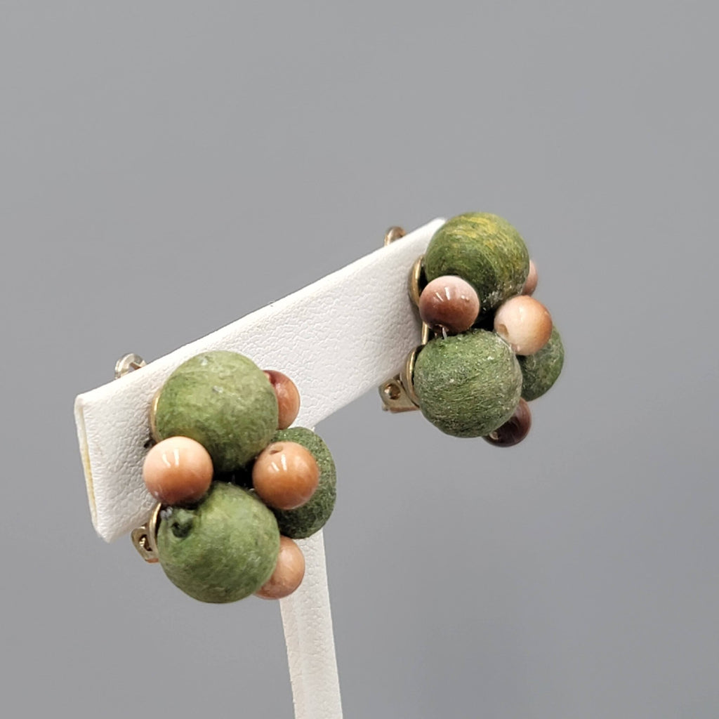 VintageWrapped Green Bead Clip on Earrings Brown Bead 1 in