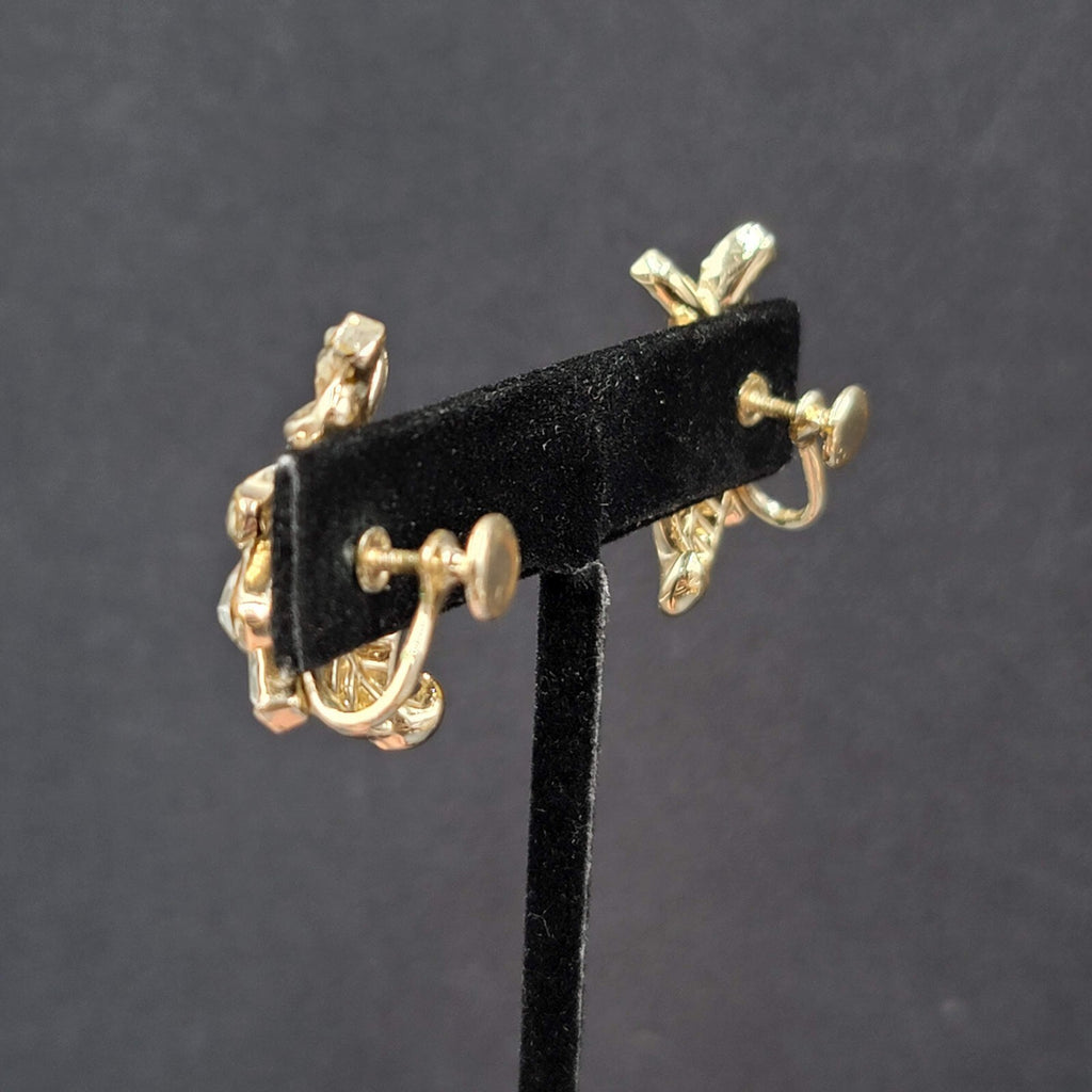 Vintage Clip on Earrings Gold tone Rhinestone Leaf Design Drop Screw Back 1.25"
