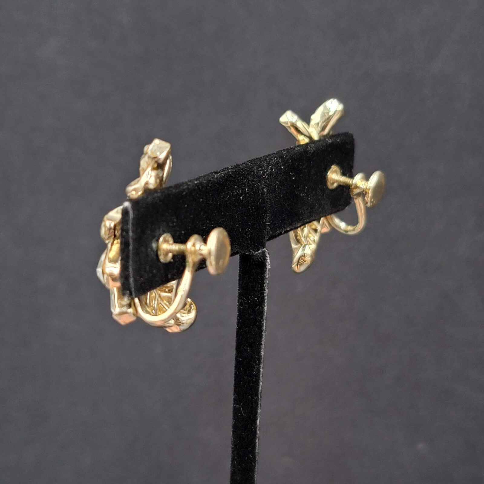 Vintage Clip on Earrings Gold tone Rhinestone Leaf Design Drop Screw Back 1.25"