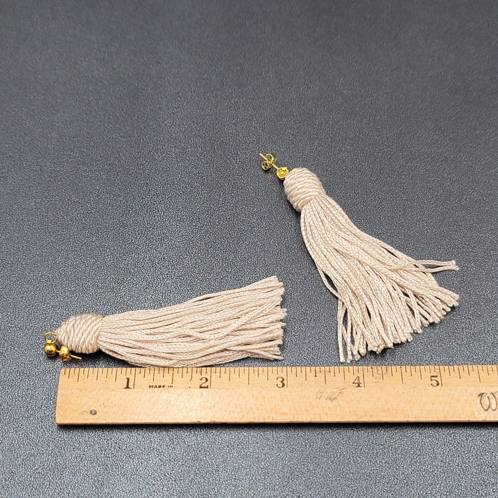 Pierced Earrings Gold tone Off White String Tassel Statement Dangle 3"