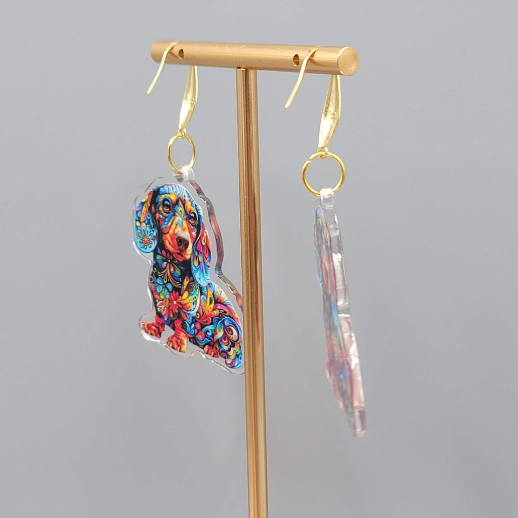 Colorful Dachshund Dog Pierced Earrings Acrylic Dangle Gold tone 1.75"