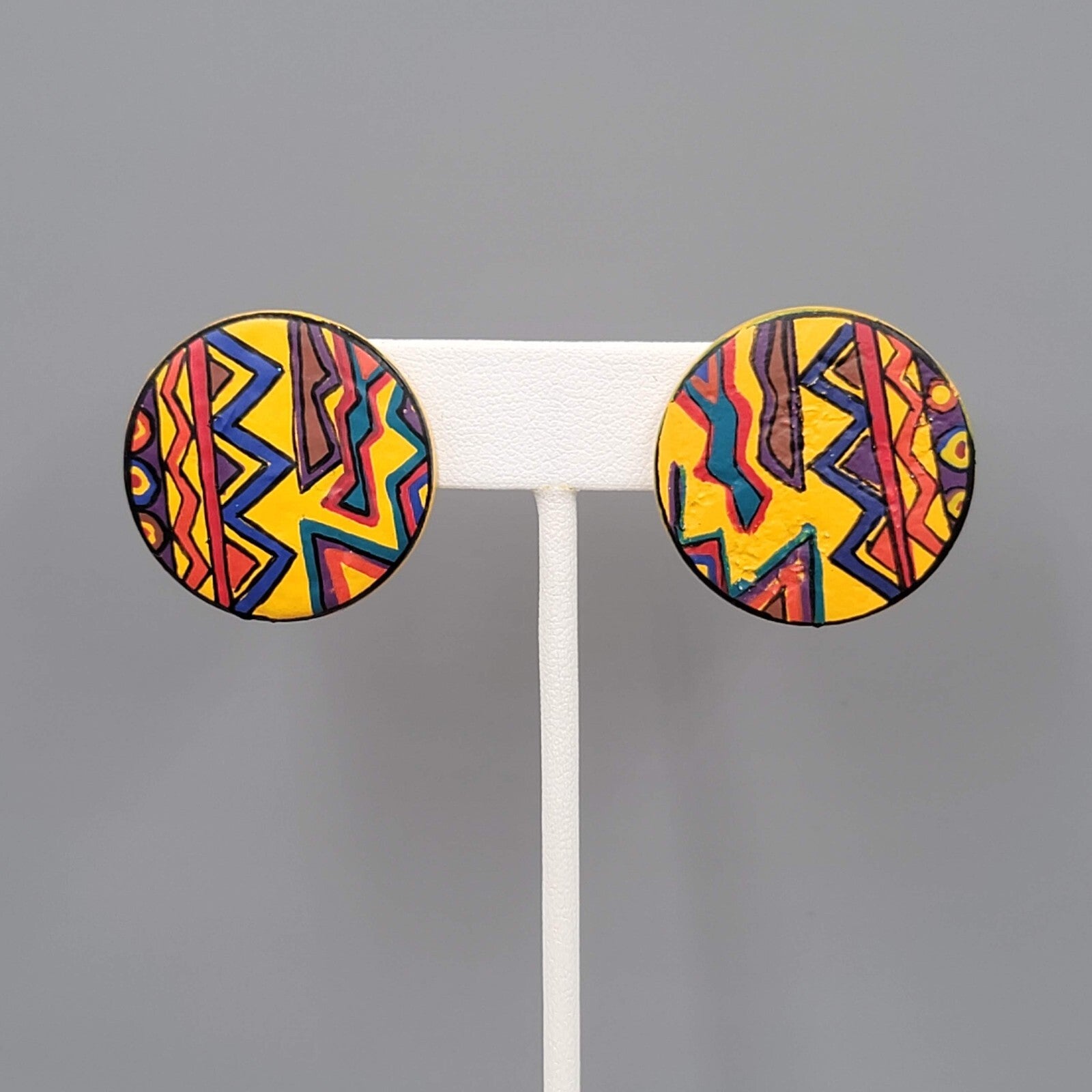 Vintage Pierced Earrings Hand Painted Multicolor Round Drop 1 1/8"