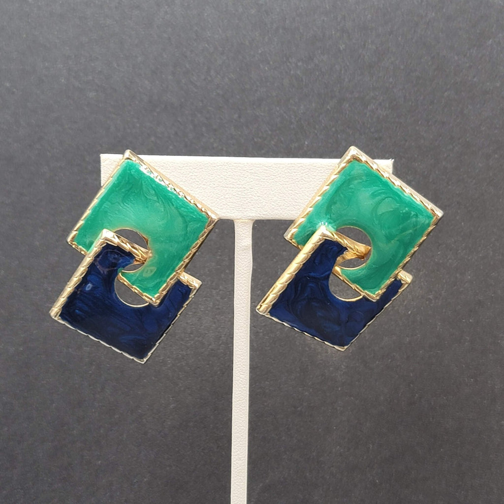 Vintage Pierced Earrings Gold tone Blue Teal Enamel Double Square Drop 2"
