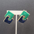 Vintage Pierced Earrings Gold tone Blue Teal Enamel Double Square Drop 2"