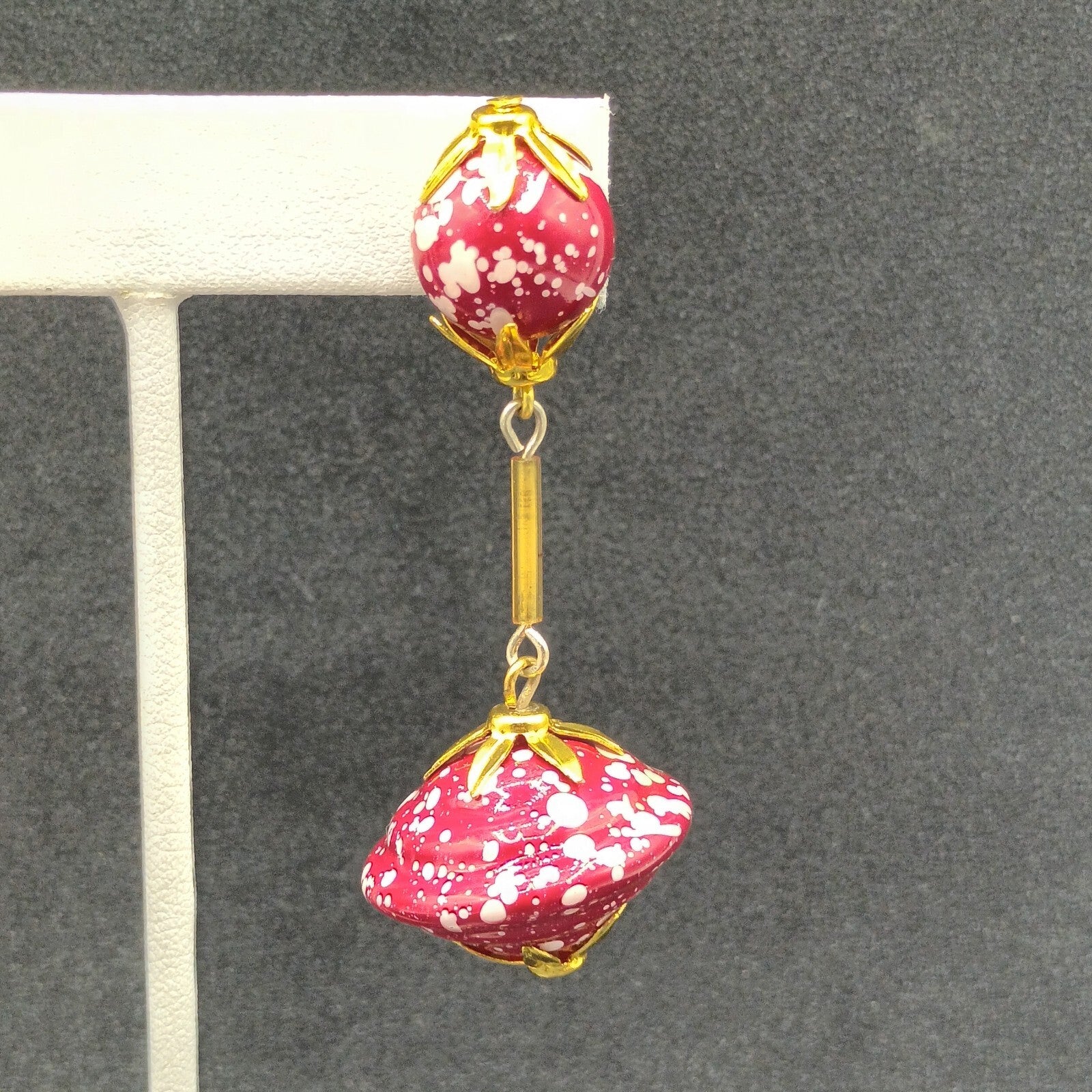 Vintage Pierced Earrings Gold tone Red White Acrylic Large Bead Dangle 2 1/2"