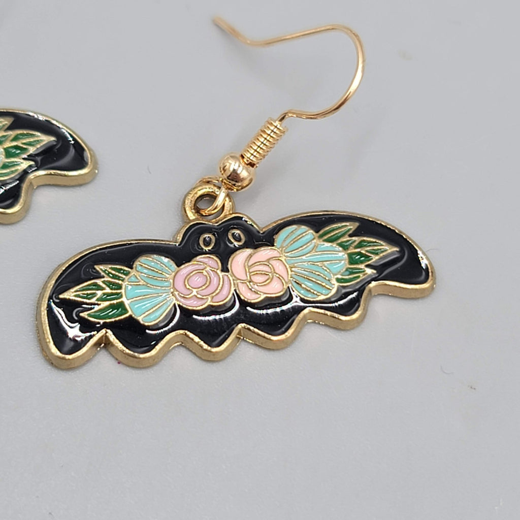 Pierced Earrings Gold tone Enamel Red Rose Moth Dangle 1/2"