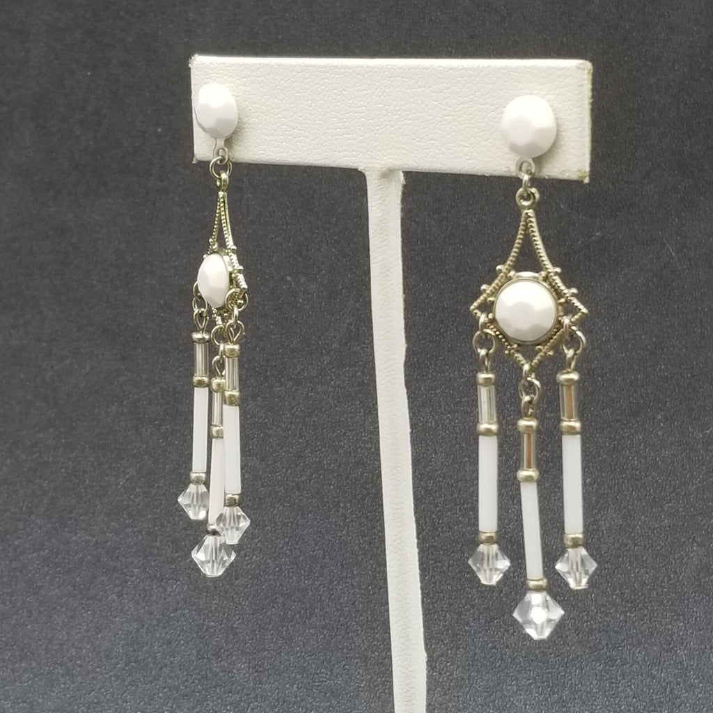 Pierced Earrings Silver tone Open Work Whited Faceted Crystal Dangle 2 1/2"