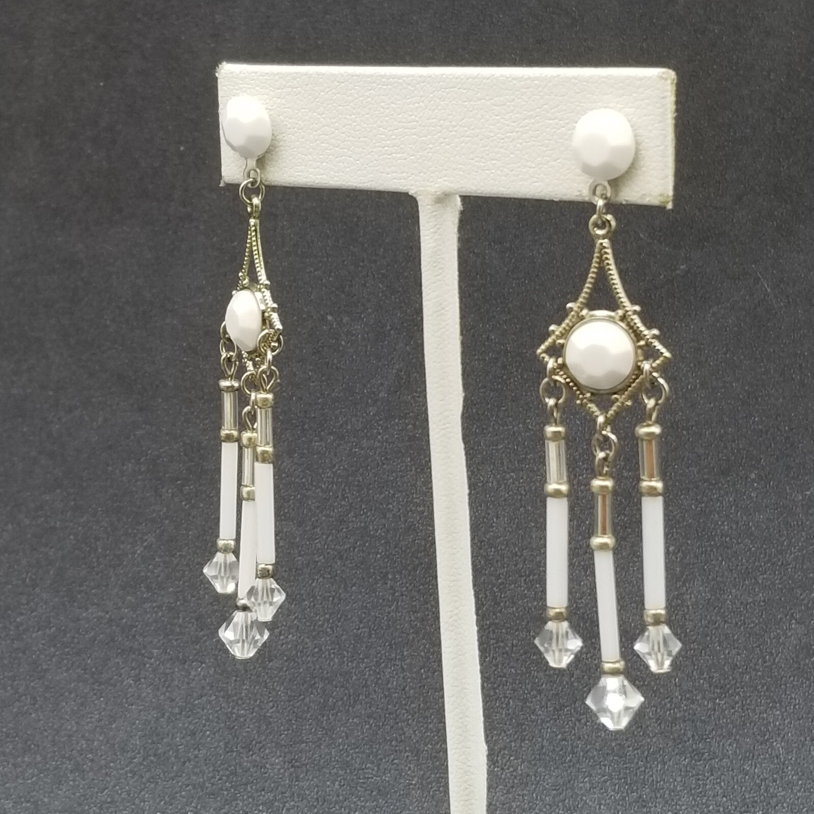Pierced Earrings Silver tone Open Work Whited Faceted Crystal Dangle 2 1/2"