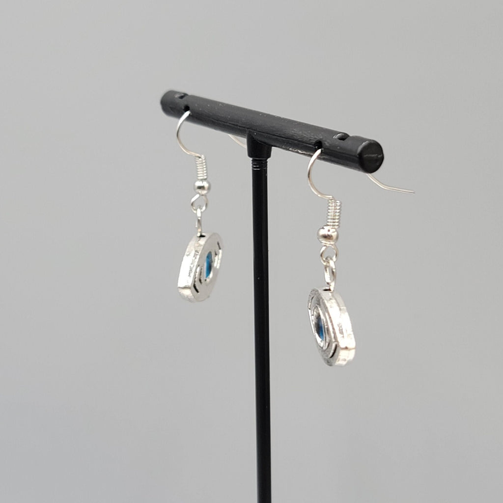 Evil Eye Pierced Earrings Silver tone Blue Bead Dangle 3/4"