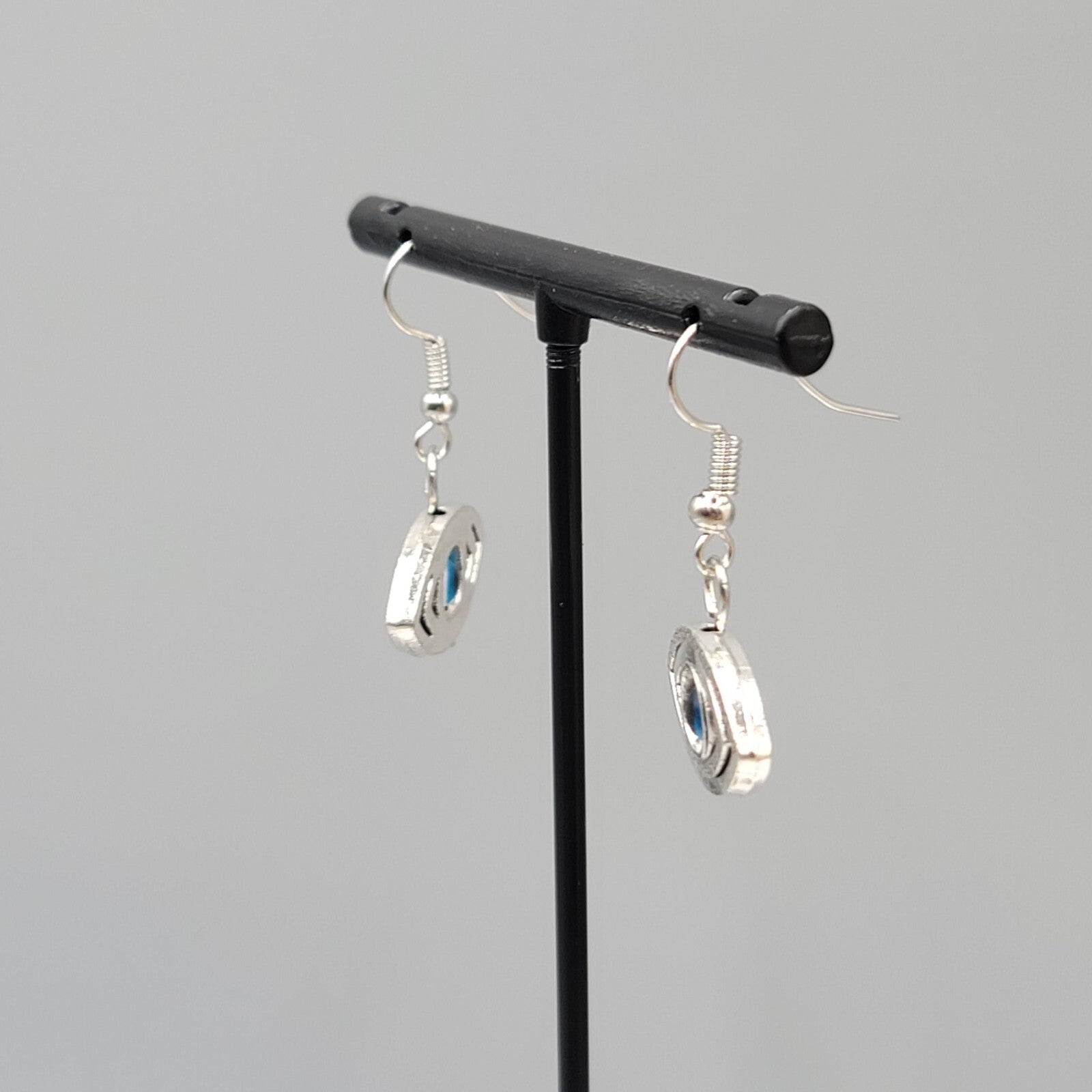 Evil Eye Pierced Earrings Silver tone Blue Bead Dangle 3/4"
