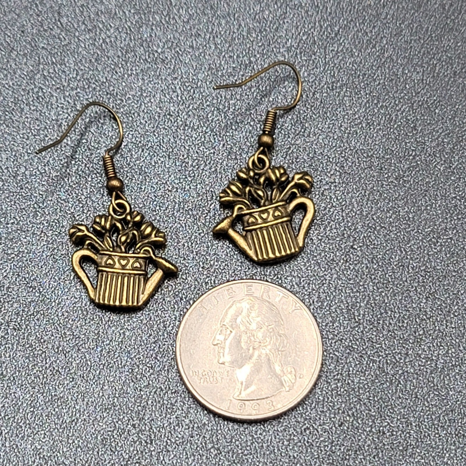 Garden Water Can Flowers Pierced Earrings Bronze tone Embossed Dangle 1" FS