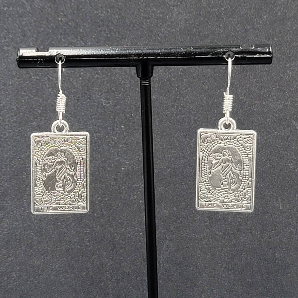 The WORLD Tarot Card Pierced Earrings Silver tone 1"