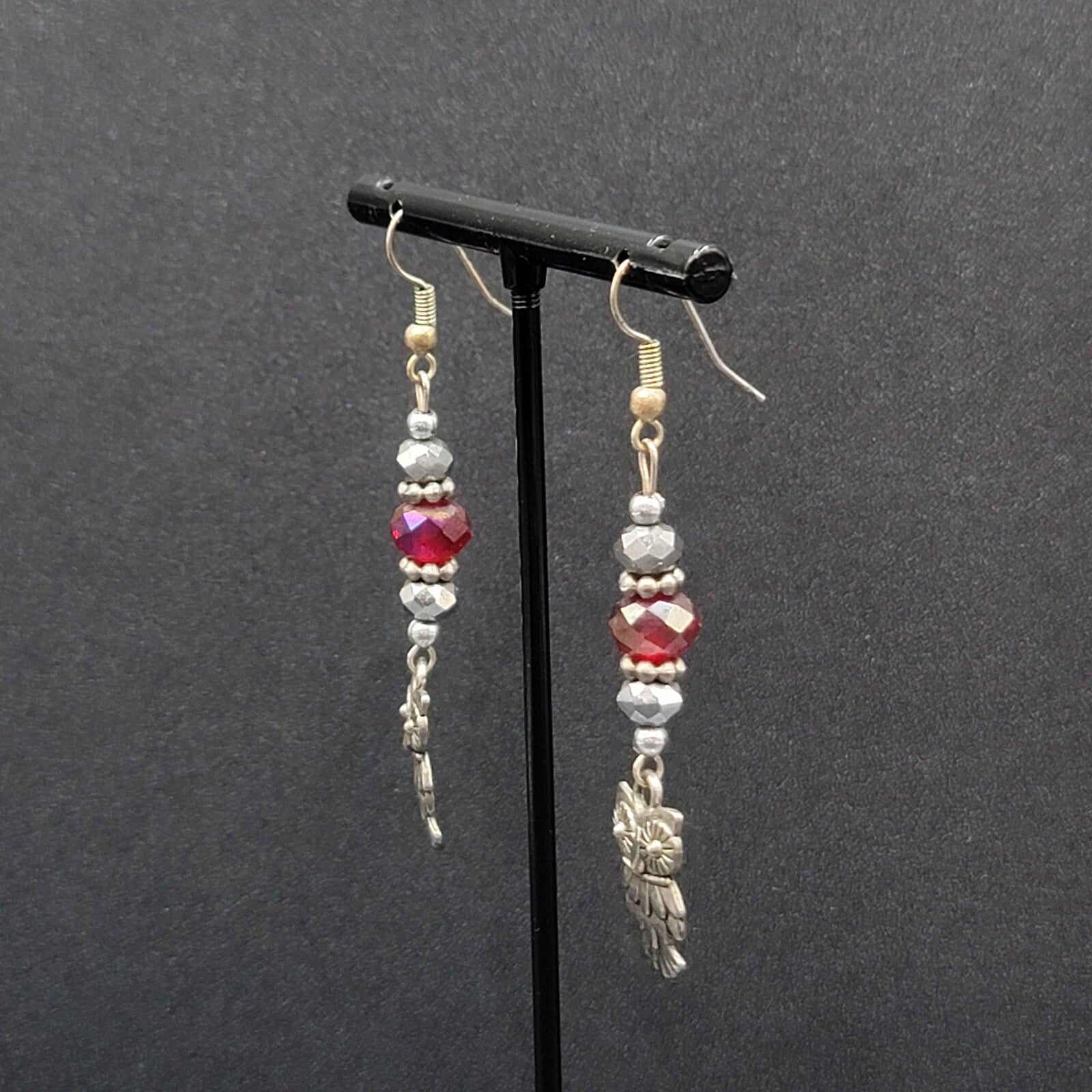 Owl Pierced Earrings Silver tone Red Bead Dangle 2"