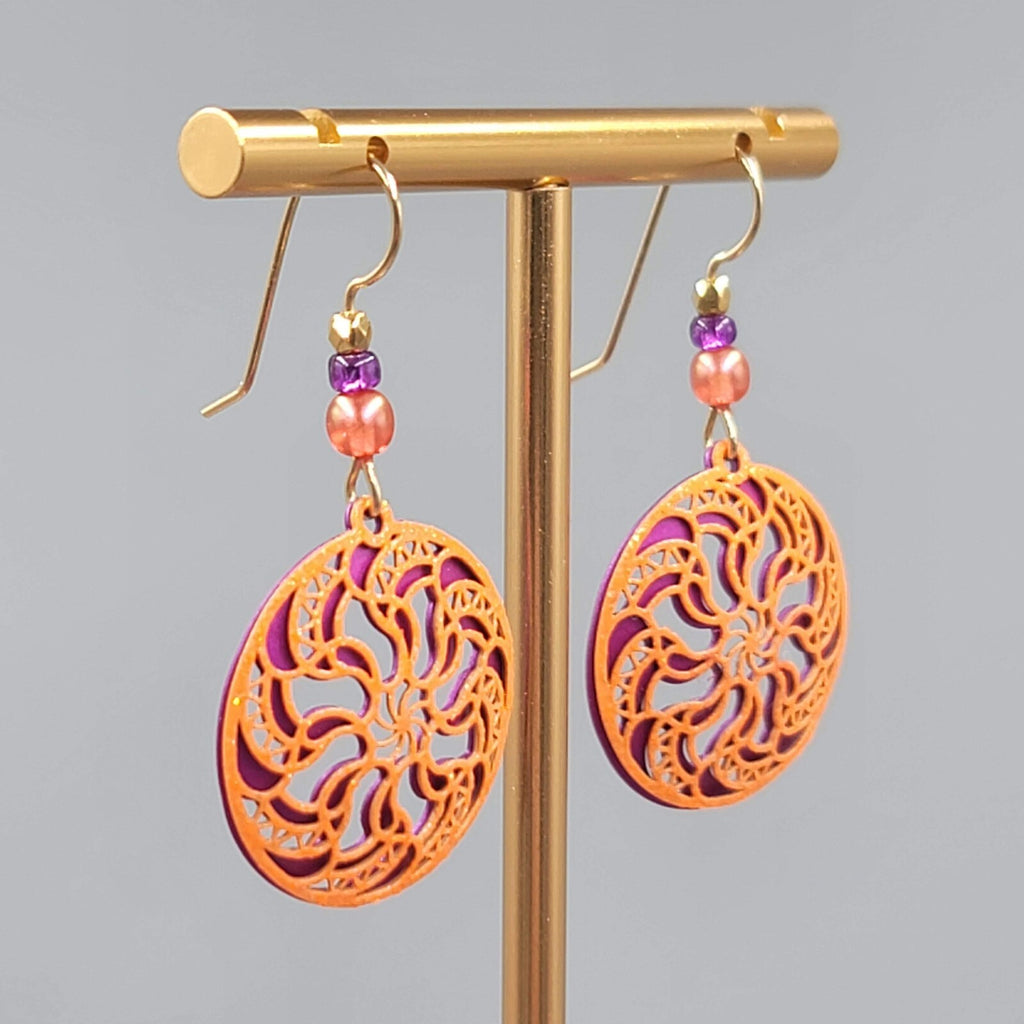 Laser Cut Metal Pierced Earrings Orange Purple Dangle 1"