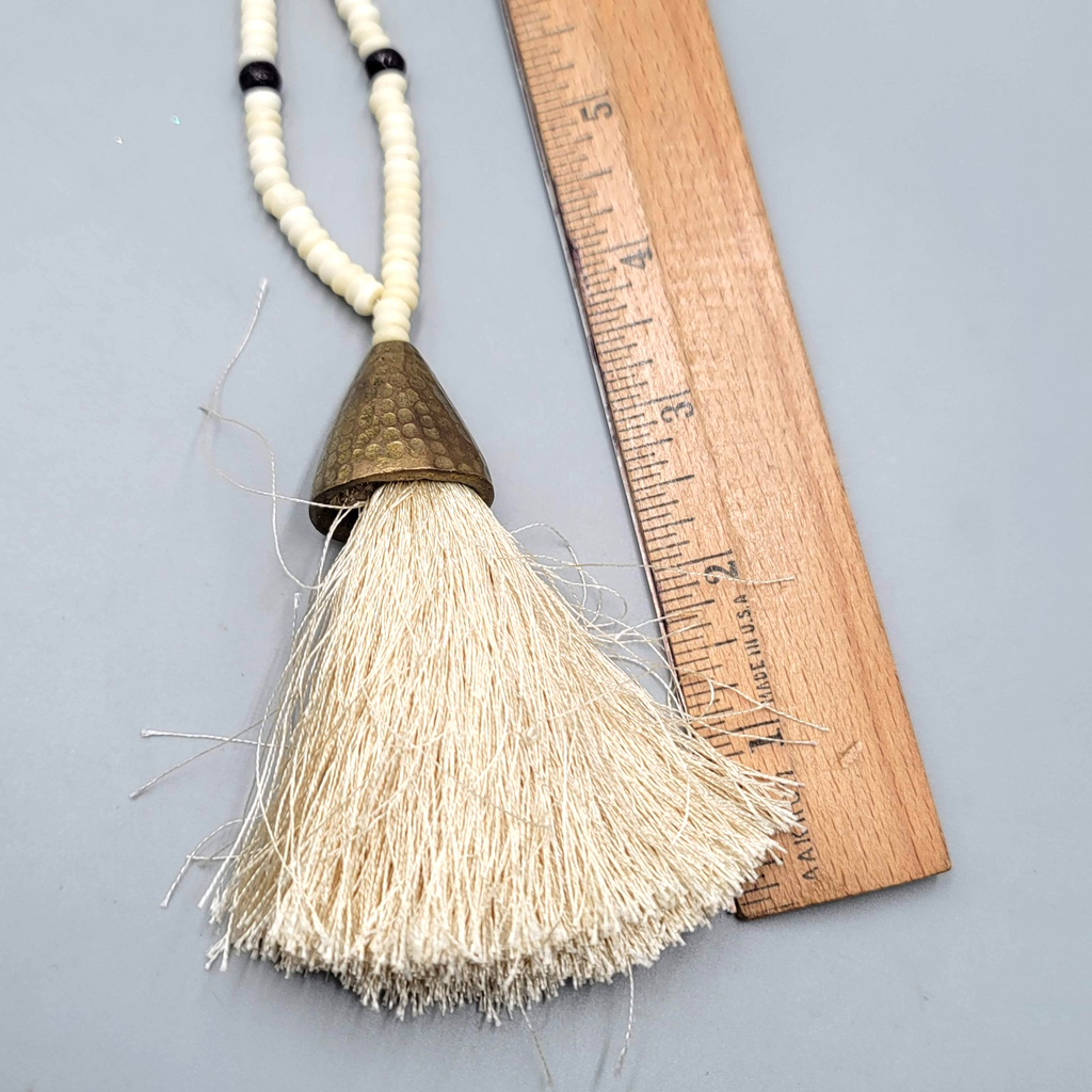 Long Wood and Cow Bone Bead Necklace Large Tassel Pendant 36 in