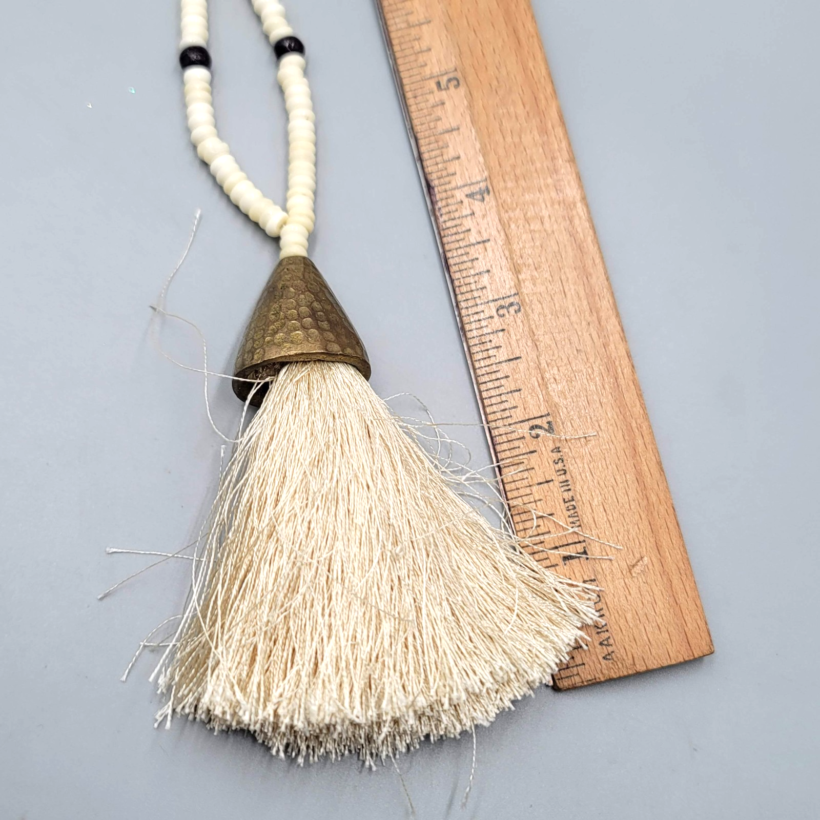 Long Wood and Cow Bone Bead Necklace Large Tassel Pendant 36 in