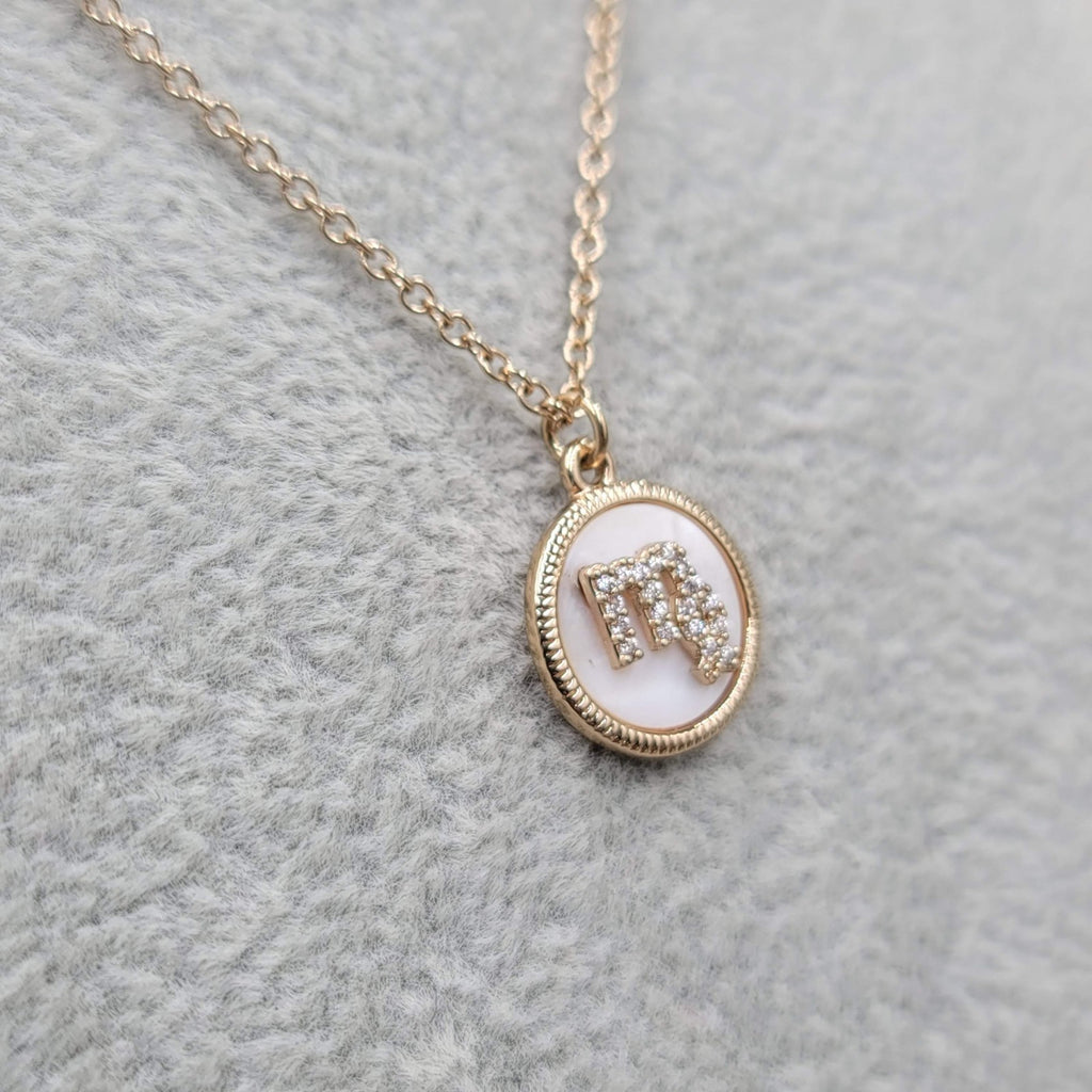 Scorpio Zodiac Necklace Mother of Pearl Gold tone Pendant 18" 20" 22"