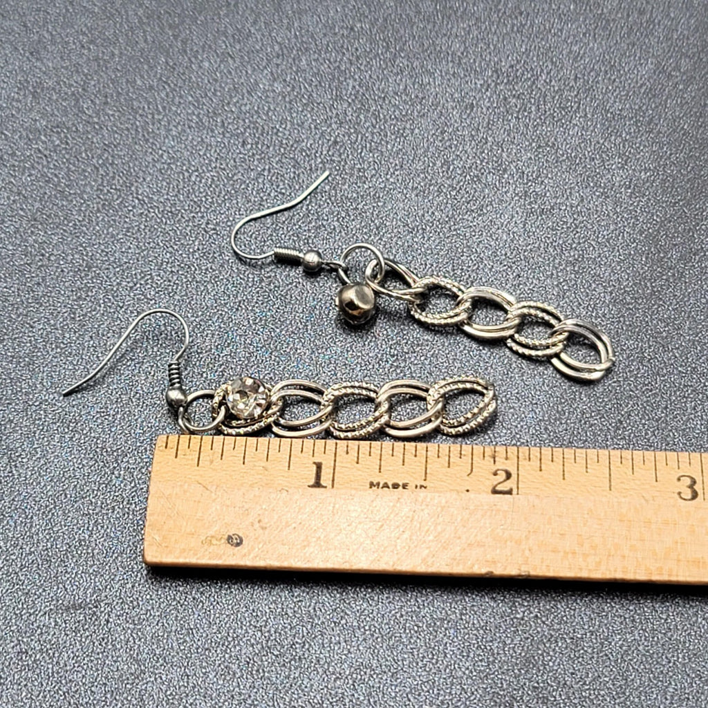 Pierced Earrings Silver tone Rhinestone Dangle Chain 1.75"