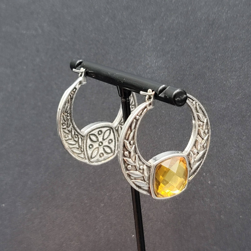 Pierced Earrings Silver tone Embossed Hoops Yellow Acrylic Accent 1.25"