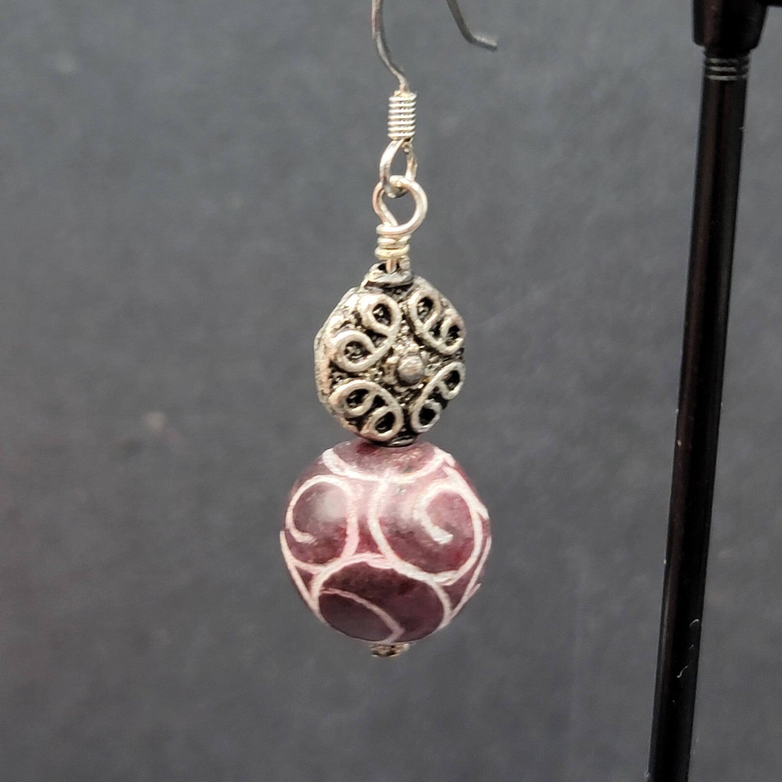 Pierced Earrings Silver tone Hand Carved Purple Stone Bead Dangle  1.25"