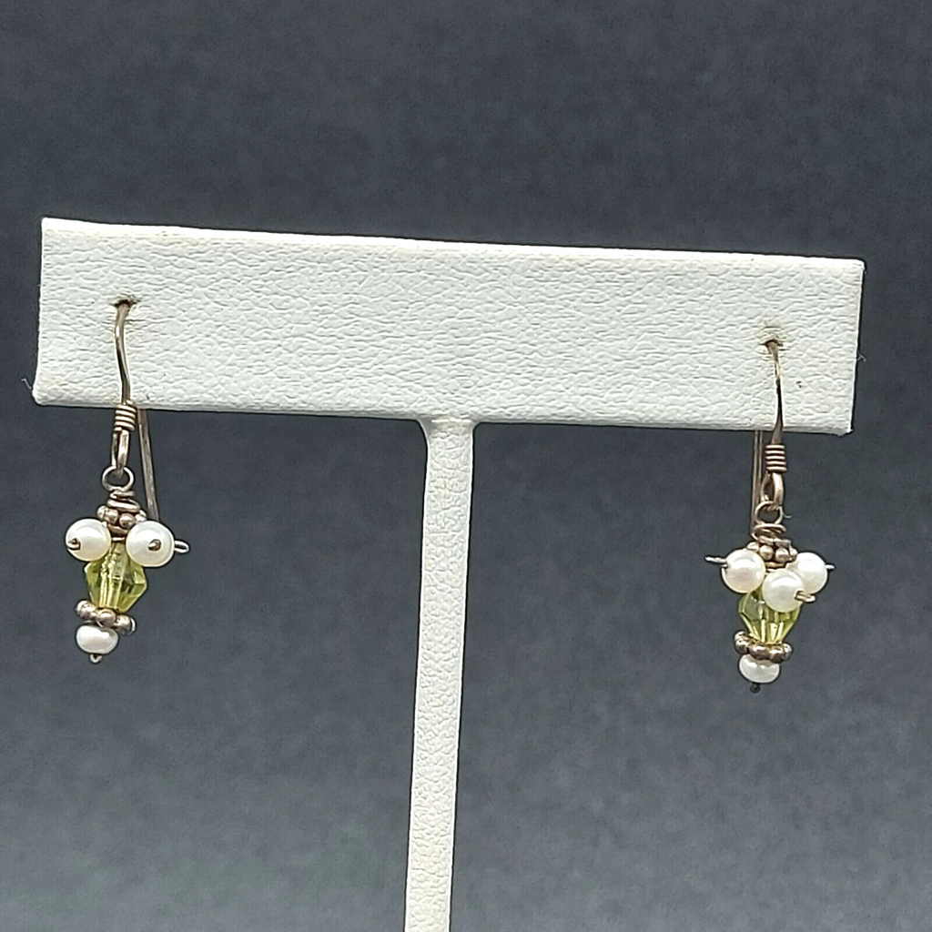Pierced Earrings Silver tone White and Yellow Glass Beaded Dangle 1/2"