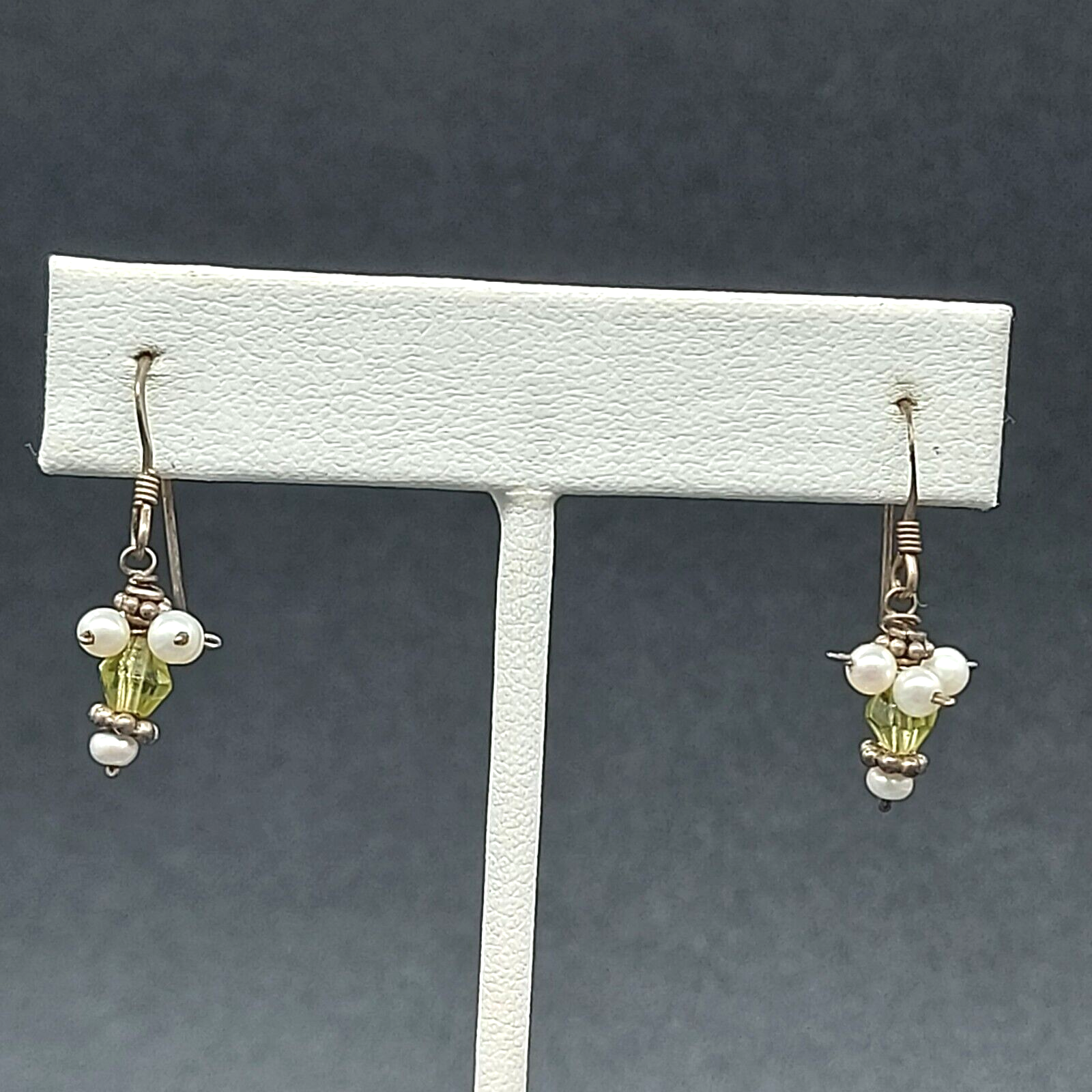 Pierced Earrings Silver tone White and Yellow Glass Beaded Dangle 1/2"