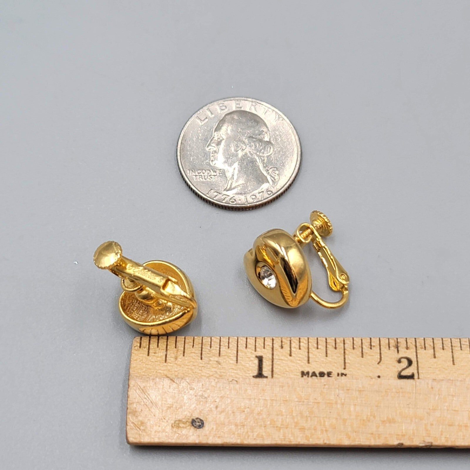 Vintage Goldette Heart Stud Clip on Earrings Gold Plated Rhinestone Center 1/2"