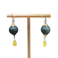 Green Stone Bead Pierced Earrings Yellow Teardrop Gold tone Dangle 1 3/8"