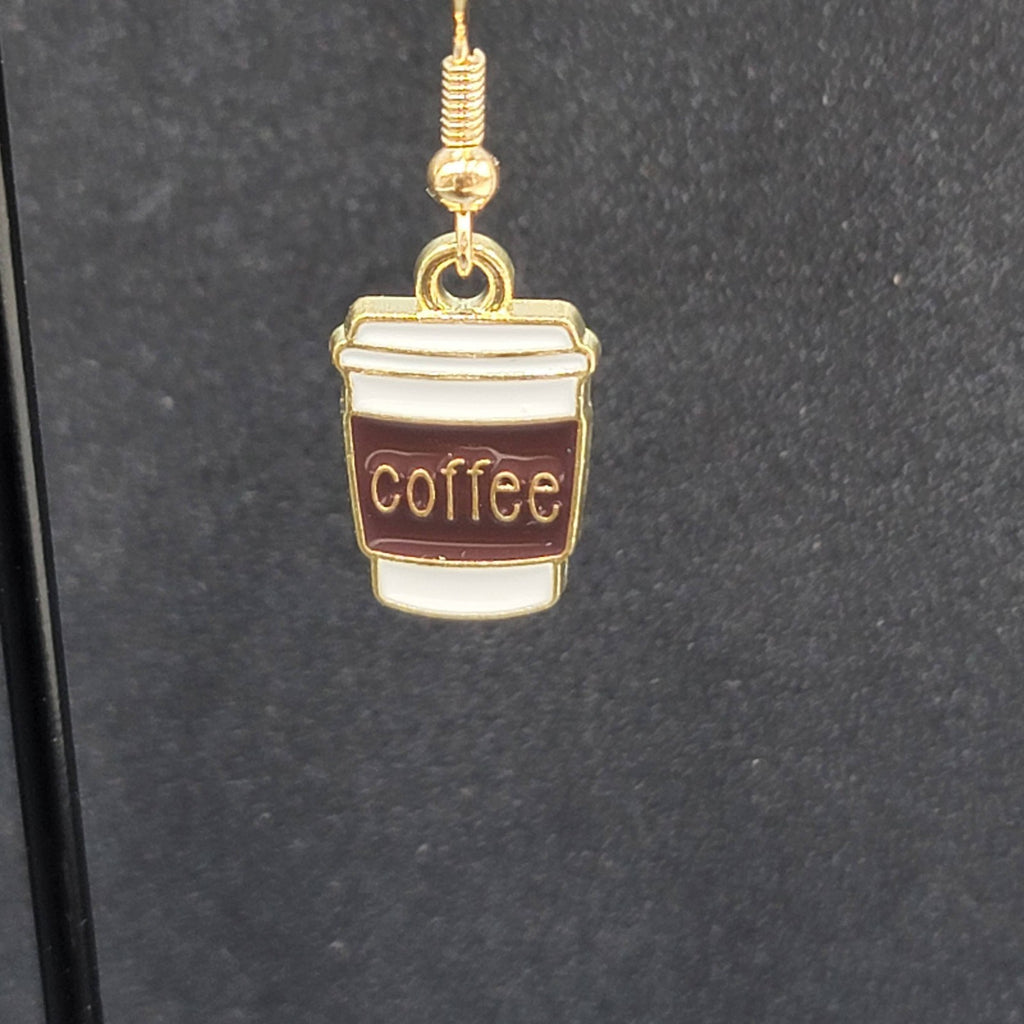 Coffee Pierced Earrings White Brown Enamel Gold tone Dangle New 5/8"