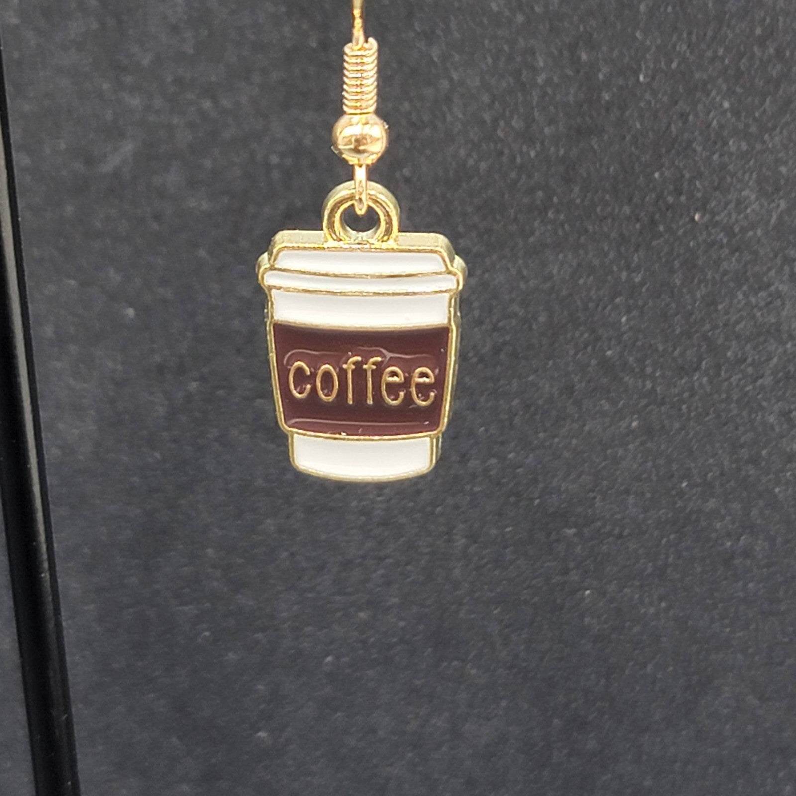 Coffee Pierced Earrings White Brown Enamel Gold tone Dangle New 5/8"