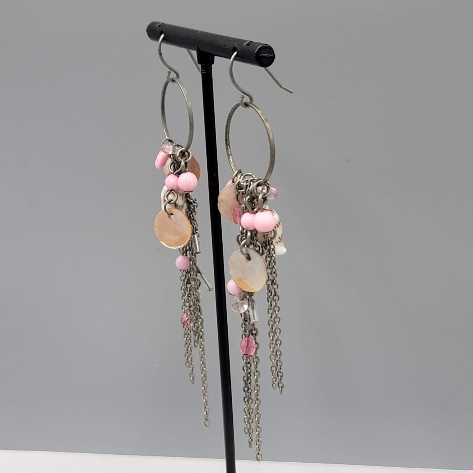 Pink Bead Seashell Pierced Earrings Silver tone Long Dangle Chains 3.25"