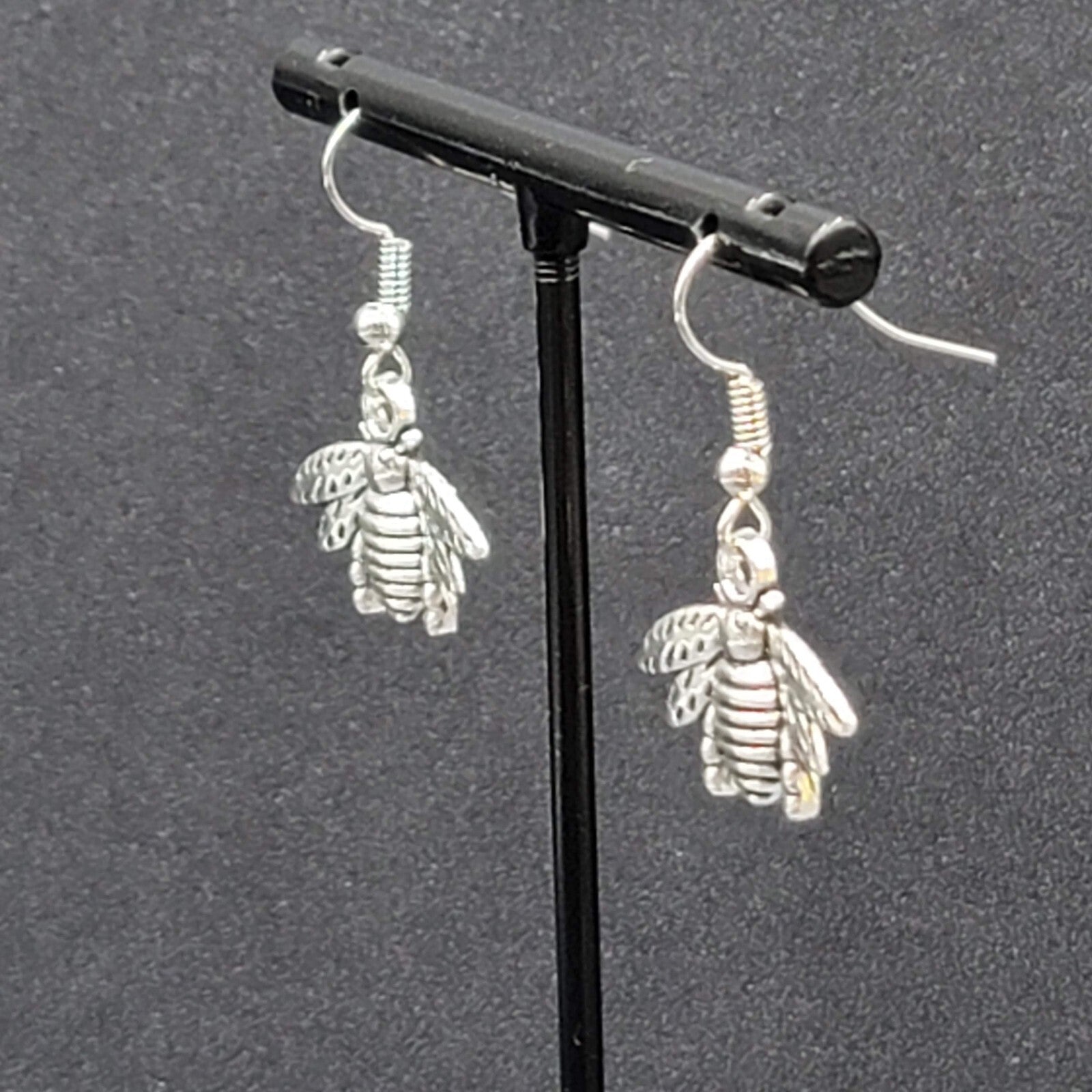 Bee Pierced Earrings Silver tone Dangle Embossed 5/8"