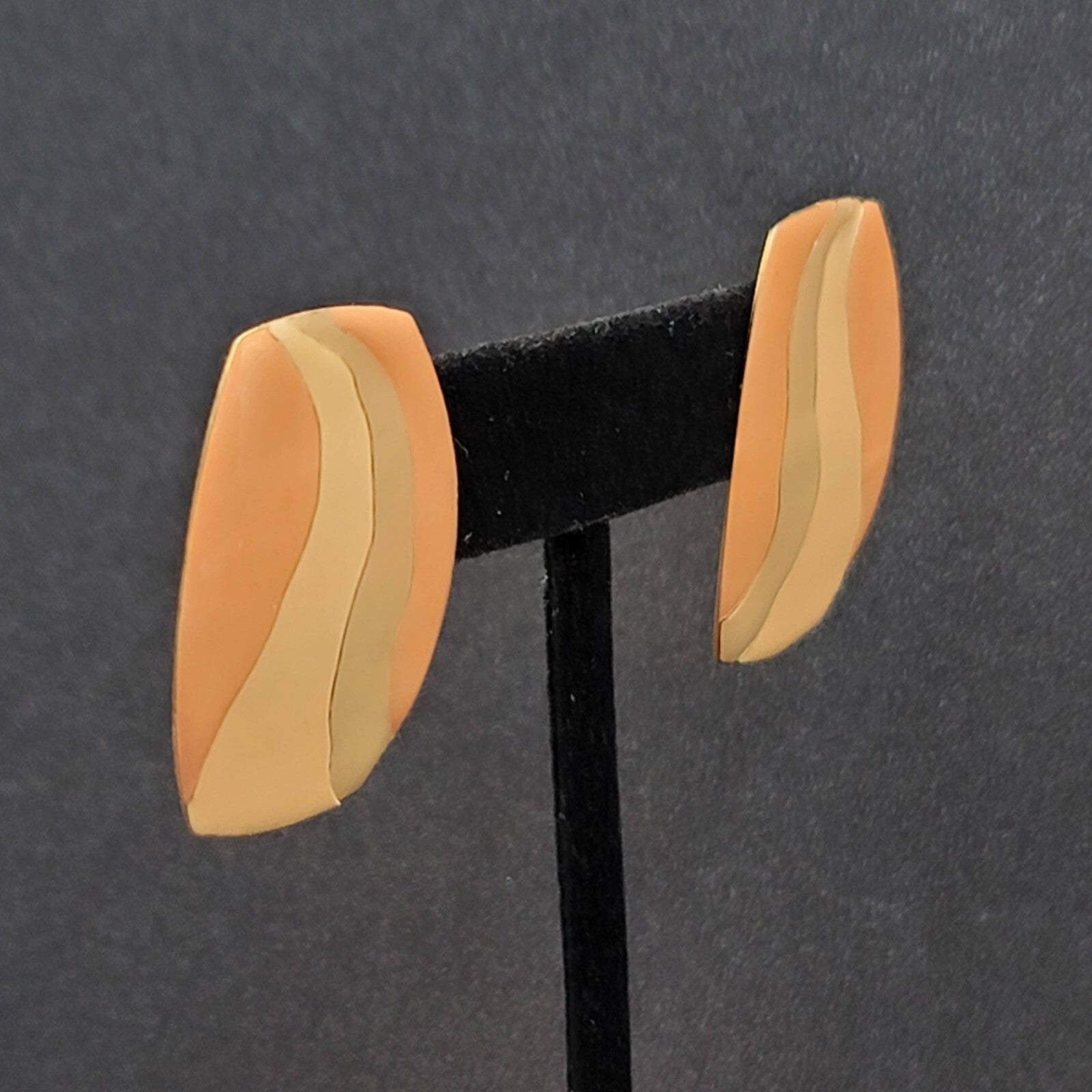 Vintage Pierced Earrings Peach Tan Gray Enamel Rectangle Drop 1 3/8"