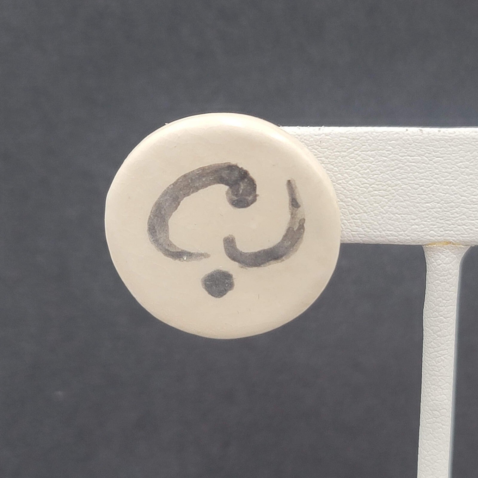 Vintage Pierced Earrings White Clay Hand Painted Black Accent Drop 1"